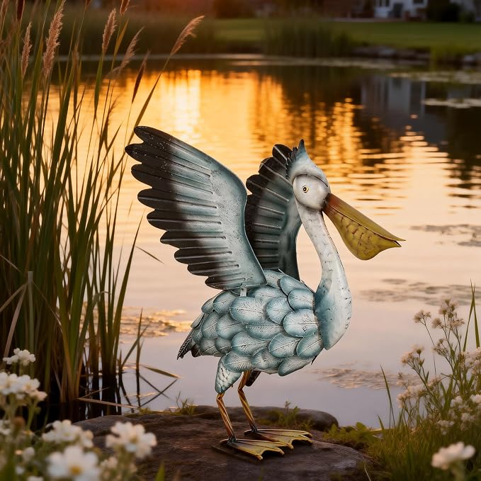 Metal Pelican Garden Statue, 18.5in Large Coastal Pelican Outdoor Yard Art Decor with Hand-Painted Blue & White Finish, Lifelike Bird Sculpture for Backyard Pond, Patio, Flowerbed or Home Decor