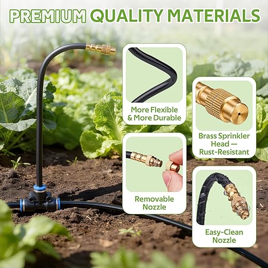 HIRALIY 360° Adjustable Drip Irrigation System 164FT with Timer, 1/4" Tubing and Adjustable Copper Nozzles, Automatic Atomizing Watering Kit for Garden, Yard, Lawn, Greenhouse & Potted Plants