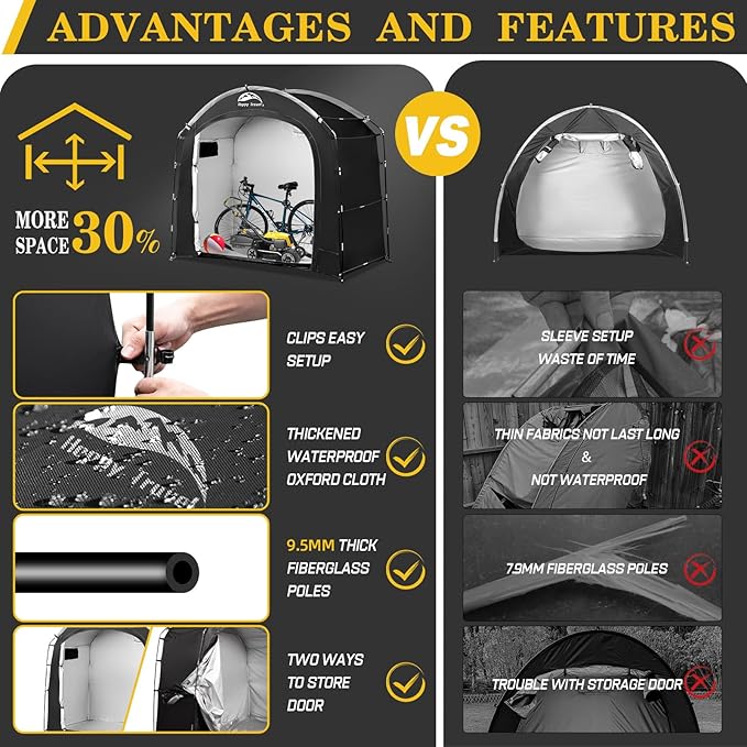 Happy Travel Bike Storage Shed Tent, Waterproof Portable Bicycle Cover with 30% More Top Storage Space for 2/3/4/8 Bikes,Clips Easy Setup Outdoor Sheds Shelter for Motorcycle, Garden Tools, Lawn Mower