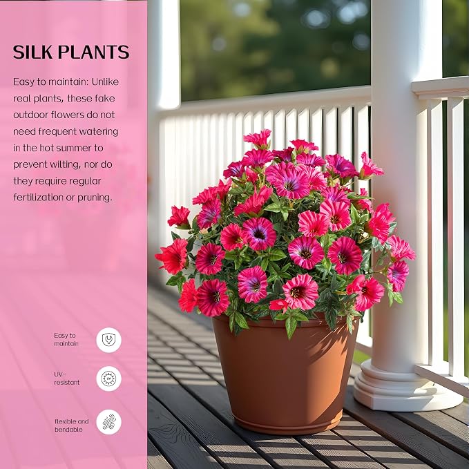 Rose Red Artificial Morning Glory Flowers for Outdoor Planters, Premium UV Resistant Silk Faux Flowers for Porch, Hanging Basket & Window Box, Summer Garden Decor, No Pot, 13.3 Inch, 4 Bundles