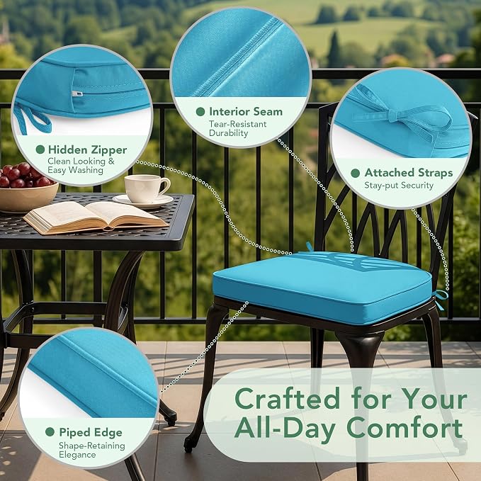 Outdoor Chair Cushions Set of 4: Waterproof & Fade Resistant Patio Furniture Cushions - 18.5 x 16 x 2 Inch Non Slip Round Corner Seat Cushion Pads with Removable Cover for Garden Yard Lawn, Teal