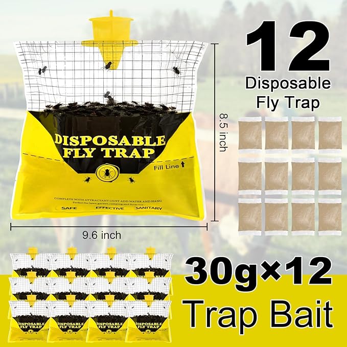 Glovv Fly Traps Outdoor Hanging with Fly Bait, 12 Pack Disposable Bags Hunter Ranch Trap, Flies Control Bug Catcher Killer Repellent for Stable Horse Barn & Farm
