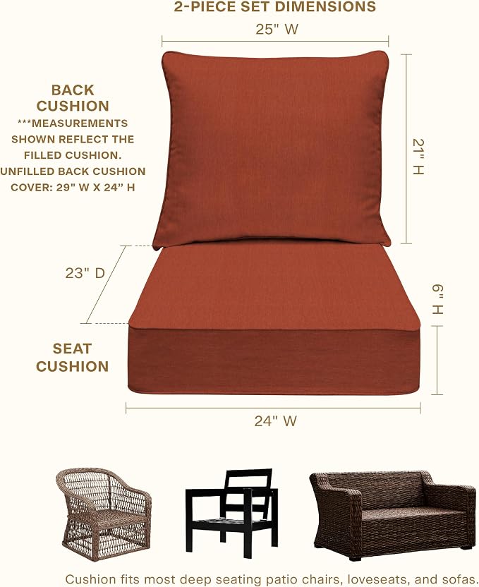 Honeycomb Outdoor Heritage Deep Seat, 24 x 23, Textured Solid Terracotta Chair Cushion with Removable Cover, for Patio Furniture