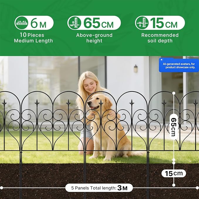 Thealyn Garden Fence 32" H x 20ft (10 Panels), No Digging Heavy Duty Metal Fence Panels, Rustproof Dog Fence Animal Barrier, Interlocking Decorative Fencing for Flower Bed, Yard, Landscape Edging