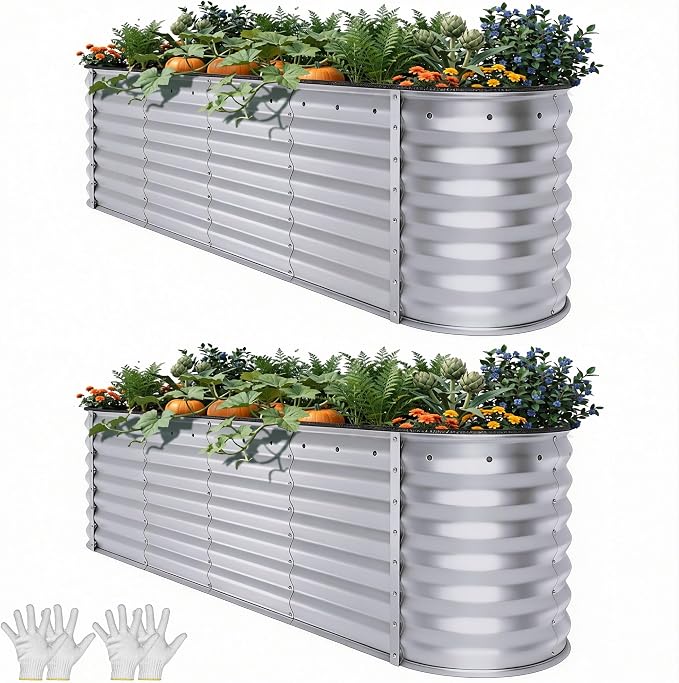 YITAHOME 2pcs 24" Tall 9 in 1 Large Raised Garden Bed Kit, 8x2x2ft Galvanized Metal Planter Box with Gloves and Safety Rubber, Outdoor Above Ground Planters for Plants Vegetables Flowers, Silver Gray