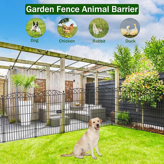 12 Panel Garden Fence with Gate - 36in H x 24.1 ft L, No Dig Rustproof Metal Tall Animal Barrier for Dogs Rabbits, Decorative Outdoor Border for Yard, Patio, and Flower Beds