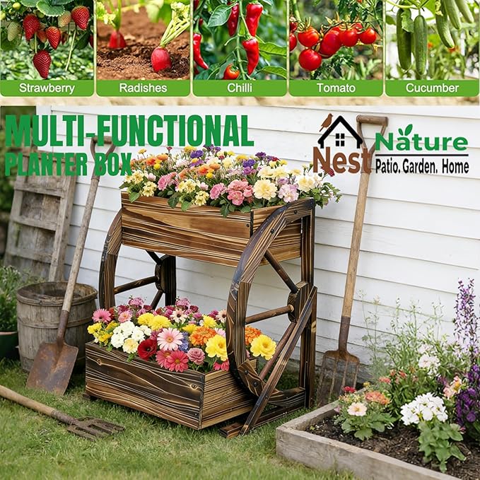 2 Tier Medium Wooden Wagon Planter Box|Outdoor Planter/Flower Pot for Indoor&Outdoor Plants-Rustic Garden Planter for Patio,Porch&Garden Decor-Raised Garden Bed for Succulents,Herbs,Vegetables