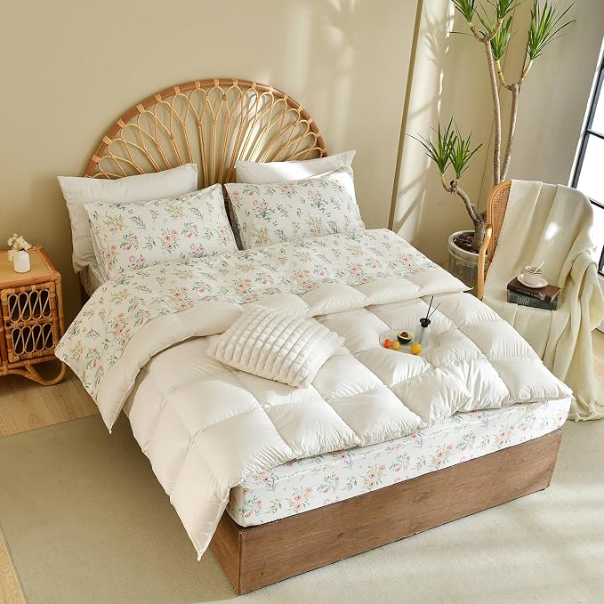 QSH Green Floral Egyptian Cotton Sheets King Size, Yellow Flowers Pattern Printed Bed Sheets Sets King Size Botanical Aesthetic Extra Soft and Breathable 17.5" Deep Pockets Bedding Sheets 4pcs