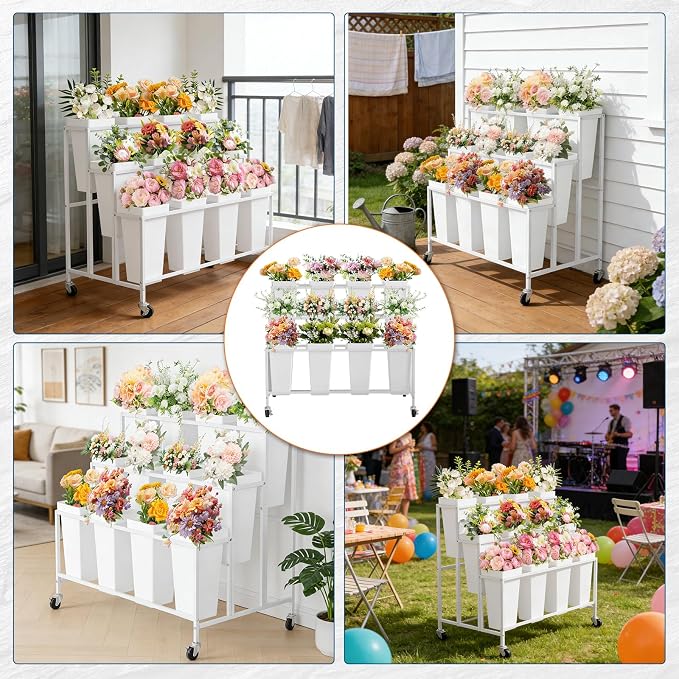PeakPursuit 3-Tier Metal Flower Display Stand with 12 Square Plastic Removable Buckets and Wheels,Flower Display Cart for Indoor and Outdoor Use, White