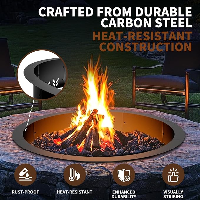 Outdoor Smokeless Fire Pit Ring Insert, Heavy Duty 30 Inch Inner|36 Inch Outer Diameter, Metal Round Fire Ring for Outside Wood Burning, Black