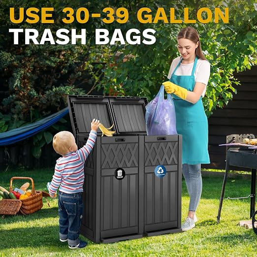 DWVO 76 Gallon Garbage Dual Can, Resin Outdoor Trash Can with Tiered Lid and Drip Tray, Waterproof Trash Bin for Patio, Kitchen, Backyard (Black)