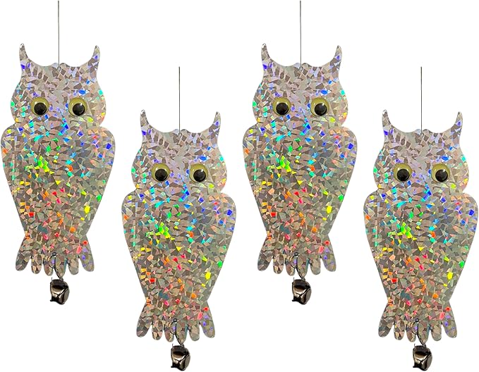 PESTEZE USA Owl Bird Deterrent Reflective Hanging Decoy Repellent with Bell, 4 Pack 6 x 13.5 in Shiny Scare Device Keep Birds Away Outdoor Porch Garden Yard Patio Protect Property