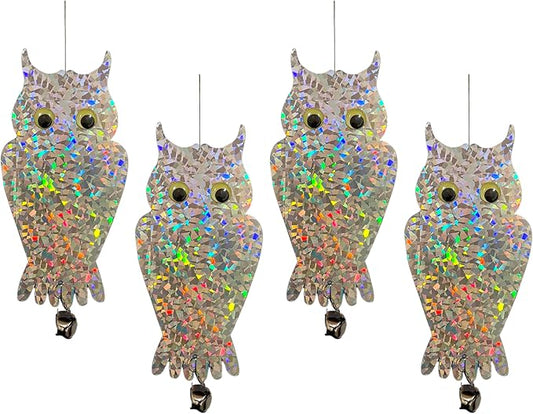 PESTEZE USA Owl Bird Deterrent Reflective Hanging Decoy Repellent with Bell, 4 Pack 6 x 13.5 in Shiny Scare Device Keep Birds Away Outdoor Porch Garden Yard Patio Protect Property