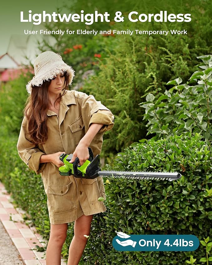 20'' Hedge Trimmer Cordless with Battery, 3000RPM Electric Handheld Bush Clipper with 2pcs 2000mAh Rechargeable Batteries, 180° Rotatable Head, 2/3'' Blade Gap Green, Gardening Gifts for Mother's Day