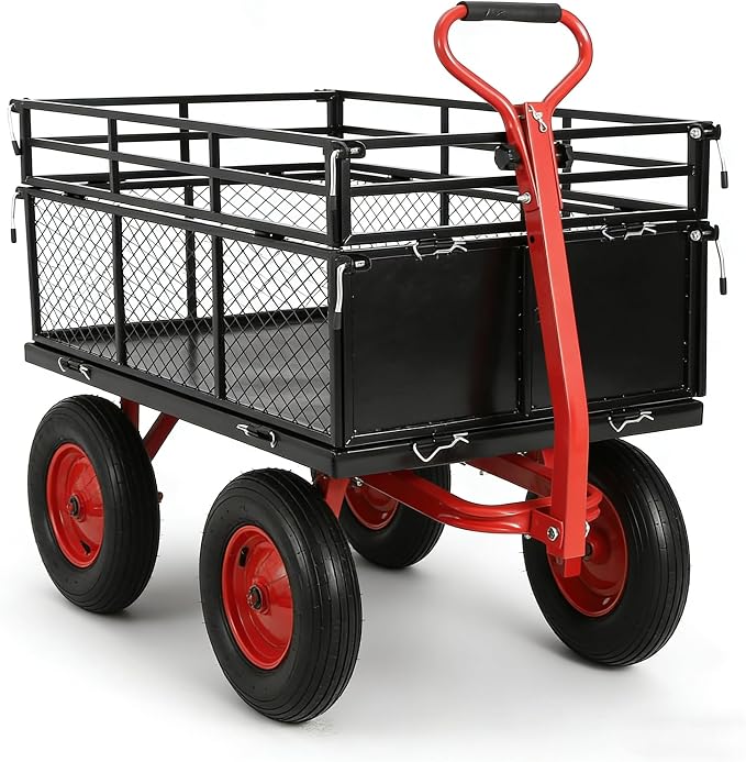 GarveeTech Heavy-Duty Metal Wagon Dump, 1440lbs Steel Garden Dump Cart, with Removable Mesh Sides, 2 in 1 Push and Pull 180° Rotating Handle & 16in All Terrain Wheel for Garden, Yard