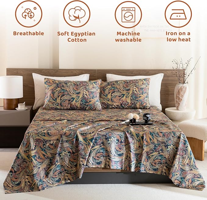 QSH Boho Sheets King Size - Bohemian Bedding Paisley Pattern Printed Bedsheets Sets King Size Bed Sheets 100% Egyptian Cotton 17.5" Extra Deep Pocket 4pcs