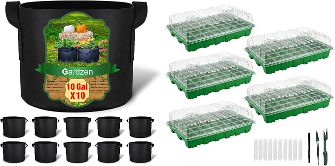Gardzen 10 Pack 10 Gallon Grow Bags & 5 Pack 40 Cell Seed Starter Tray Kit, Thickened Aeration Fabric Pots with Handles, BPA Free Reusable Seedling Trays with Humidity Vented Domes for Indoor Outdoor
