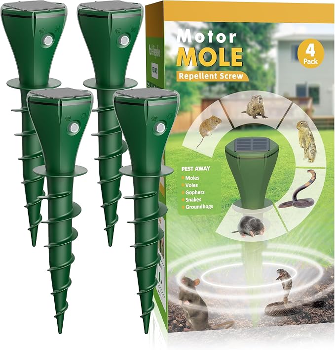Solar Powered Animal Repellent for Yards - Waterproof Sonic Vibration Device Removes Moles, Gophers, Groundhogs, Voles, Snakes - Simple Twist Stakes for Lawn & Garden (4, Green)