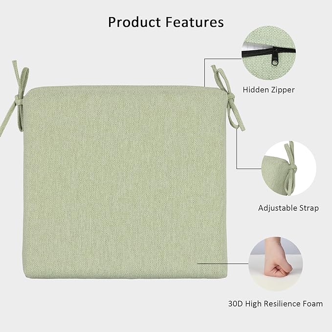 Outdoor Chair Cushions Set of 4,350GSM Fabric,Water-Resistant UV Resistant Weather Resistant with YKK Zippers, Square Corner Patio Chair Cushions with Ties, 20"x20"x3.1",Sage