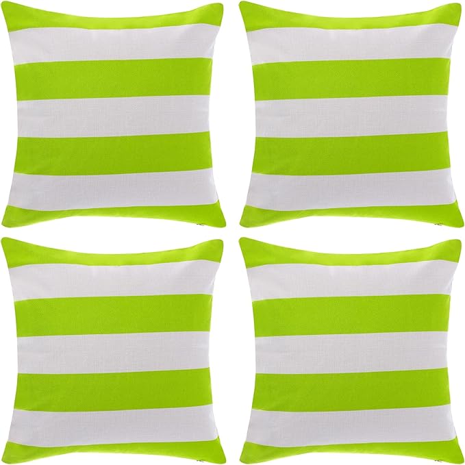 tiggell 4 Pack Waterproof Pillow Covers Outdoor Throw Pillowcases Decorative Garden Cushion Case for Home Garden Patio Couch Balcony Striped (Green & White, 18 * 18 inch)