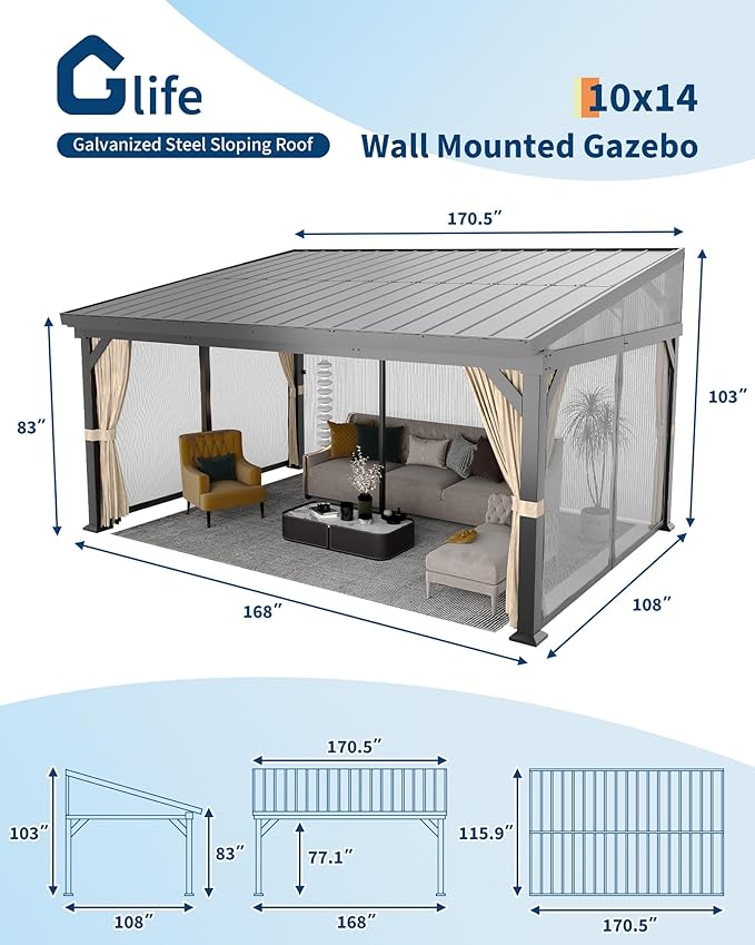 10'x14' Wall-Mounted Lean-to Gazebo with Galvanized Steel Roof, Gutters & Sliding Netting/Curtains – Hardtop Metal Pergola Canopy for Patio, Backyard, Garden, or Carport – Weather-Resistant & Durable