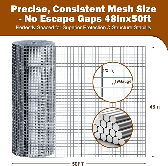 Chicken Wire Fencing Hardware Cloth 1/2 inch 19 Gauge Rust-Resistant Mesh Roll with Snips/Gloves for Chicken Coop/Vegetable/Garden/Plants/Poultry Enclosures/Tree/Gutter Guards 48 inch x 50 ft