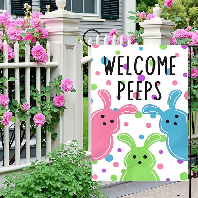 Welcome Peeps Garden Flag Easter Bunny Design Double Sided Outdoor Yard Flags Colorful Spring Porch Patio Lawn Farmhouse House Banners for Easter Egg Hunt Party Seasonal Home Décor 12x18 Inch