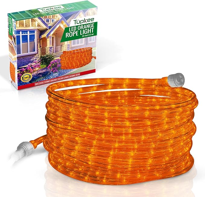 Tupkee LED Rope Light Orange - for Indoor and Outdoor use, 24 Feet (7.3 m) - 10MM Diameter - 144 LED Long Life Bulbs Rope Tube Lights