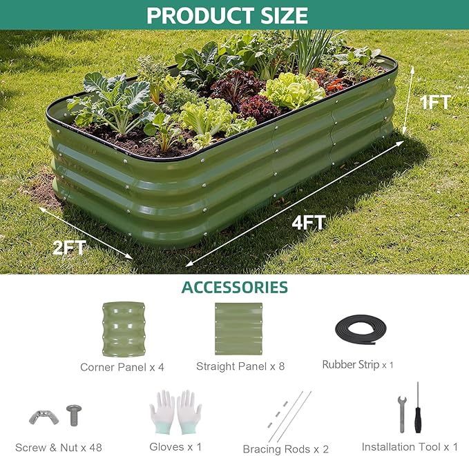 3 in 1 Galvanized Raised Garden Bed - 4x2x1ft Modular Garden Planter Bed Outdoor | Steel Raised Bed Kit with Bracing Rods, Gloves for Gardening Vegetables Fruits and Flowers (Green)