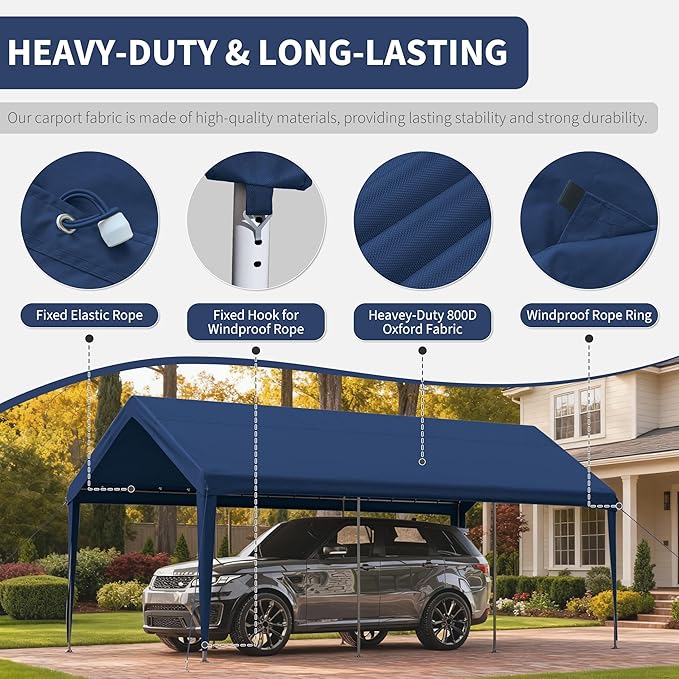 Carport Replacement Canopy Cover 10'x20' for Tent Top Garage Shelter Cover, 800D Heavy Duty Oxford Waterproof & UV Protected Car Canopy Tarp with Ball Bungees (Frame is not Included)