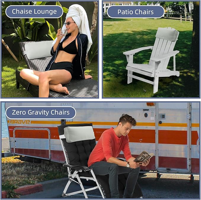 Chaise Lounge Head Pillow, 2 Pack Outdoor Patio Pillows with Adjustable Strap, Lounge Head Resting Pillow for Recliner Beach Pool Lounger Office Chair(Light-Gray,Water Resistant)