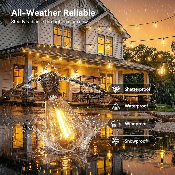 200FT Outdoor String Lights with Remote, Waterproof Patio Lights with 72+2 Shatterproof LED Bulbs, 2700K Dimmable Waterproof Hanging Decor for Backyard Garden Porch Bistro, Timer & 3 Modes