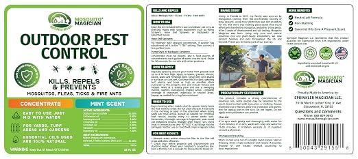 Mosquito Magician Liquid Concentrate – Kills Mosquitoes, Fleas & Fire Ants, Repels and Prevents Ticks – Essential Oil Yard Treatment Spray – Use with Sprayers, Foggers & Misting Systems – 32 oz, Mint