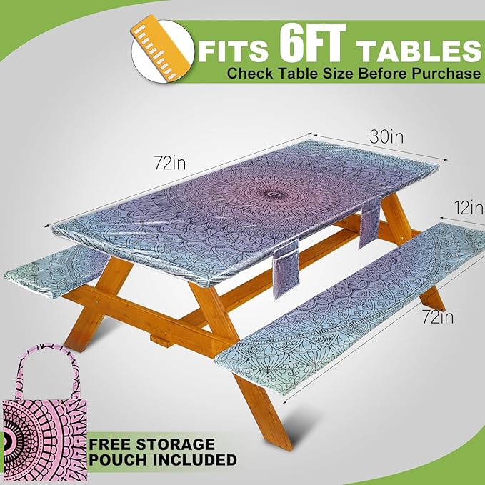 Picnic Table Cover with Bench Covers Vinyl Elastic Edges Fitted Rectangle Seat Tables Waterproof 3-Piece72X30in Set Outdoor Rectangular Folding Backing Tablecloth for Camping Over Size