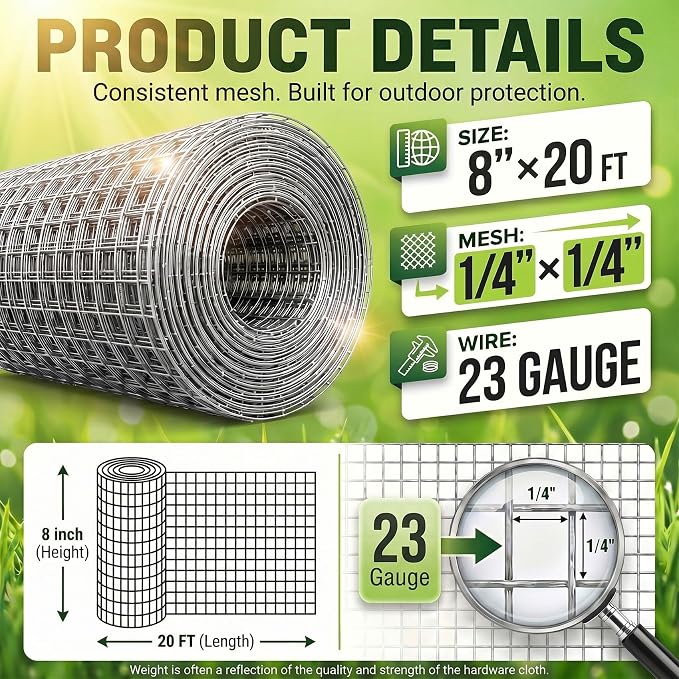 HIHADUUM 8'' x 20' Hardware Cloth 1/4 inch 23 Gauge, Hot-dip Galvanized After Welding, Chicken Coop Wire Fence Wire Mesh Screen, Rabbit/Snake Fences, Netting Wire Cloth Galvanized Wire Mesh Roll