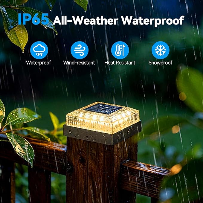Solar Post Cap Lights, 12-Pack Fence Post Solar Lights for 4x4 Wood/Vinyl Posts, IP65 Waterproof, 10-12 Hours of Illumination with 3 Lighting Modes for Garden/Patio/Porch - Black