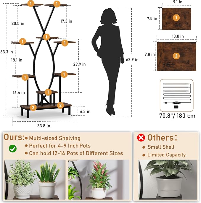 Plant Stand Indoor with Grow Lights - 9 Tiered Tall Plant Shelf, 63" Corner Plant Stands for Indoor Plants Multiple, X-Shaped Metal Flower Holder Large Decorative Rack for Living Room, Home Decor