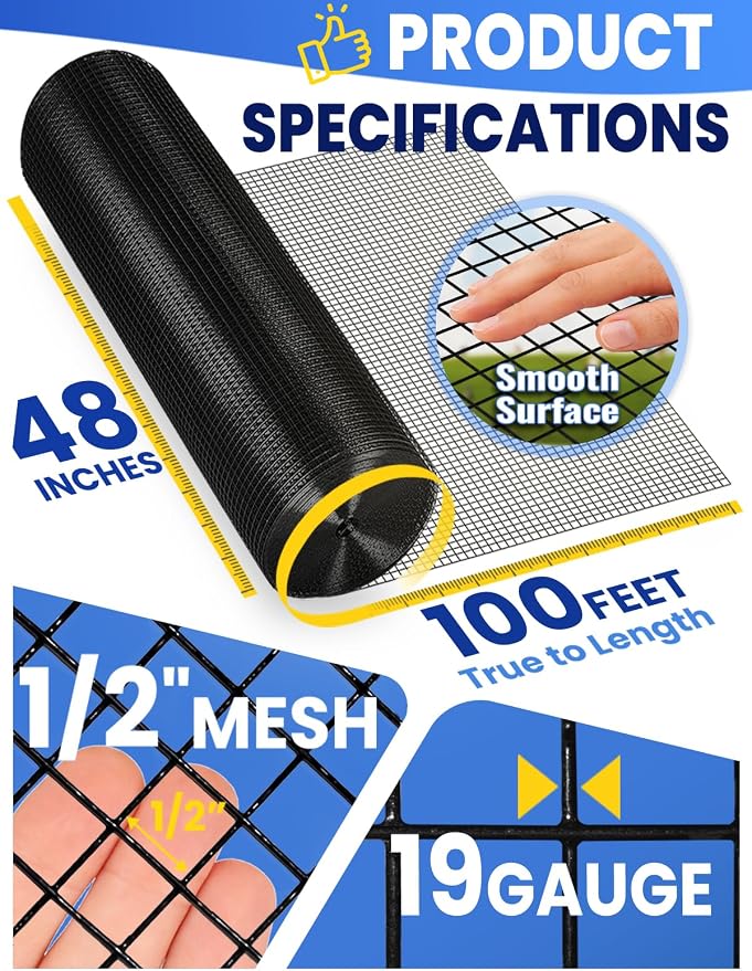 19 Gauge 1/2 inch 48inch×100.1ft Black Hardware Cloth Chicken Wire Fence, Galvanized Steel Vinyl Coated Wire Mesh Roll Supports Poultry Netting Cage Fence