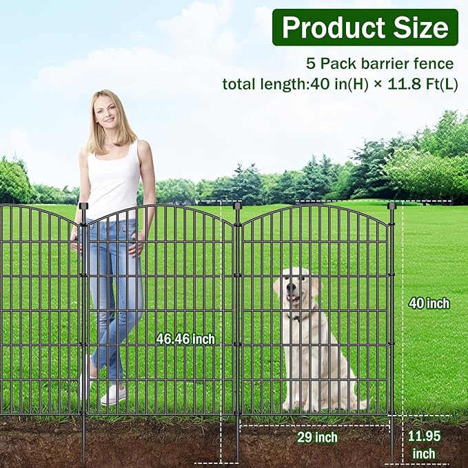 No Dig Decorative Garden Fence 5 Panels with Gate, 40 in (H) x 11.8 ft (L), Dog Fence Outdoor for Yard，Rustproof Metal Animal Barrier Ground Stakes Fencing for Garden, Patio, Flower Bed