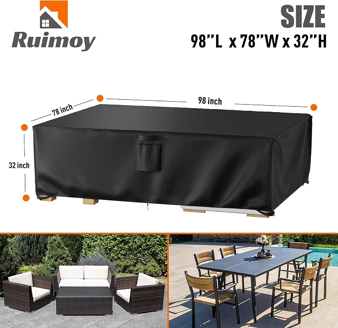 Ruimoy Patio Furniture Covers, Outdoor Furniture Cover Waterproof, General Purpose, Outside Table and Chair Covers, Heavy Duty 600D (98 Inch L x 78 Inch W x 32 Inch H)