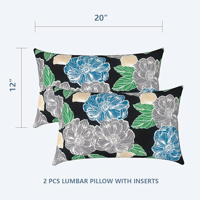 LVTLVTXIII 12×20 Inch Outdoor Lumbar Pillows, Pack of 2 Water Repellent Lumbar Pillow with Inserts, Fluffy Decorative Garden Lumbar Cushions for Home Patio Coach Sofa Use, Peony Garden