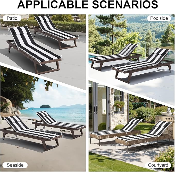 Crestlive Products Chaise Lounge Cushion Outdoor Set of 2, Waterproof Foldable Pool Lounge Chair Cushions with Straps 80''Lx26''W, Lounger Cushions for Outdoor Furniture, Patio, Black Stripe