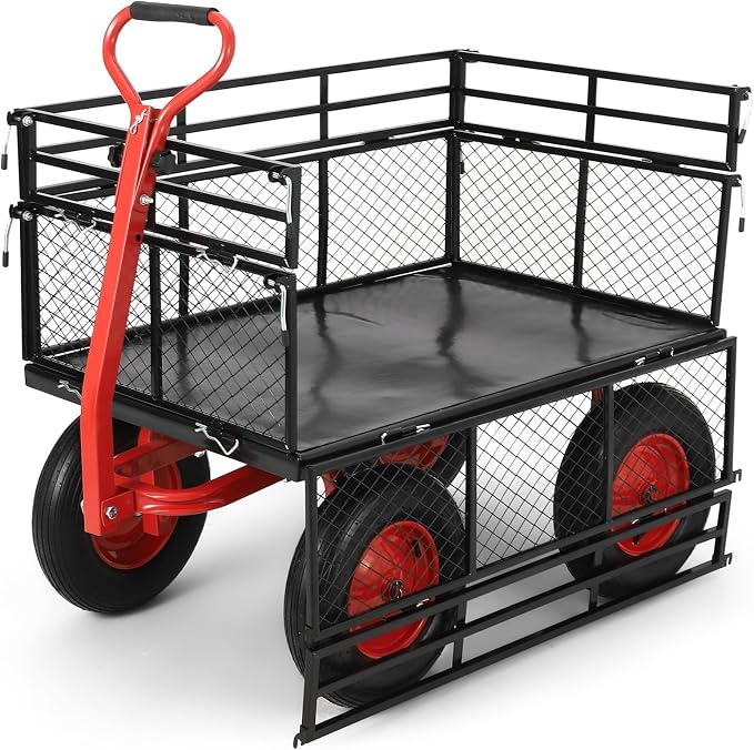 GarveeHome 1400Lbs Heavy Duty Steel Garden Cart, Garden Wagon Cart on Wheels, Metal Yard Utility Wagon with Removable Mesh Sides, 2-in-1 180° Rotating Handle and 16 Inch Wheels for Garden, Farm, Yard