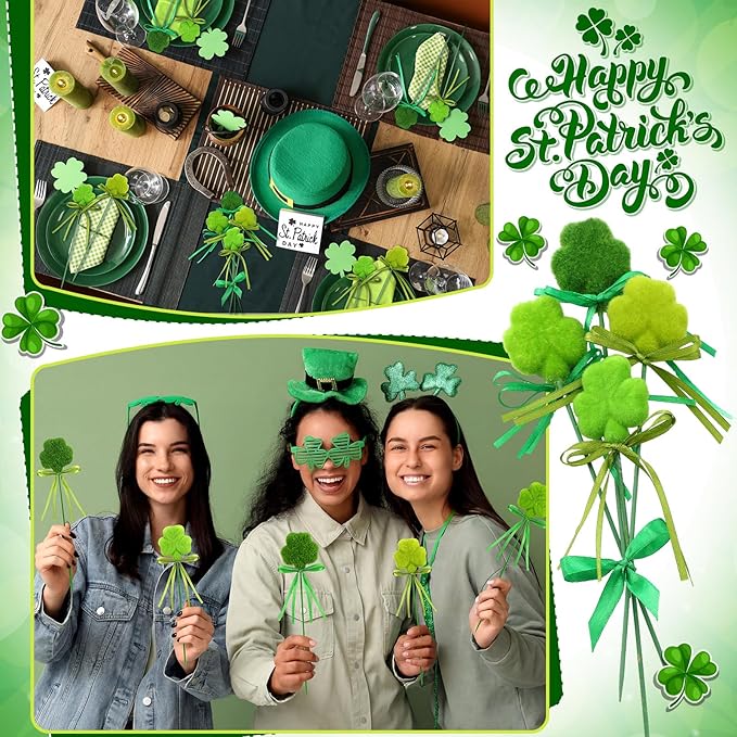 60 Pcs St. Patrick's Day Shamrock Picks Irish Shamrock Foam Picks St. Patrick's Day Clover Puffy Sticks for Irish Tree Green Floral Arrangement Bouquet Wedding Table Centerpiece Vase Filler Home Decor