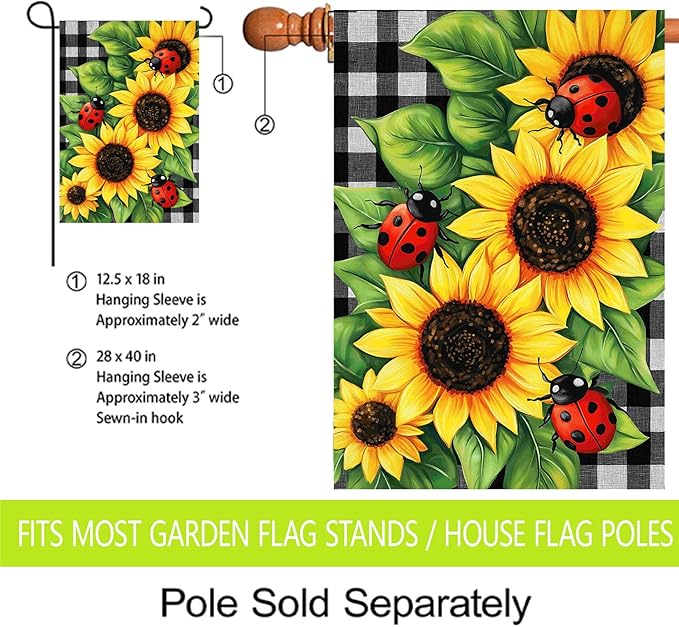 Morigins Spring Garden Flag Double Sided Ladybug Sunflower Flower Buffalo Plaid Farmhouse Yard Flag Summer Seasonal House Flag 28×40 inch