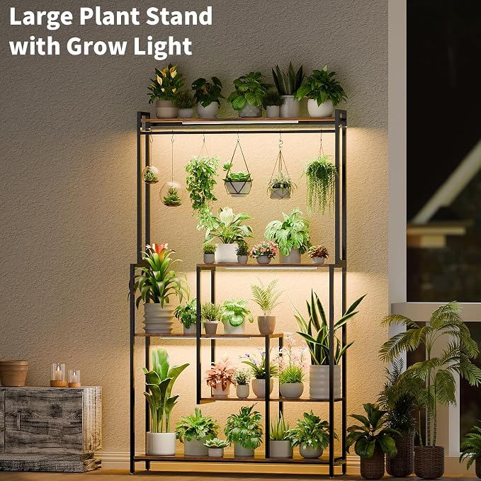 MJOMKN Large Plant Stand Indoor with Grow Light , 72" Tall Metal Plant Shelf, 5 Tiers 12 Pots Holder, Heavy-Duty Rectangle Display Rack for Living Room, Patio, Corner