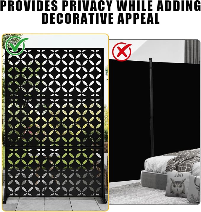 72" h × 47" w Outdoor Privacy Screen, Laser Cut Metal Garden Divider Panel with Tropical Leaf Design, Freestanding Weatherproof Privacy Fence for Patio Deck Backyard Balcony