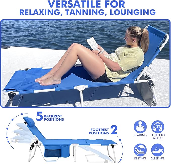 Oversized Extra Wide Tanning Chair with Sun Canopy Face Hole Padded Adjustable Washable, Heavy Duty Layout Folding Lounge Chair for Outside Beach Reading Sunbathing, UPF 50+, XL, Plus Size, 330 LBS