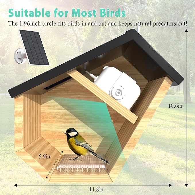 Smart Bird House with Camera for Outside Solar Powered, 2K HD&Night Vision View Birdhouse Nest Cam with AI Identify,Auto Capture Birds Motion Detection&Notify in Time,Ideal for Bluebird and Cardinal