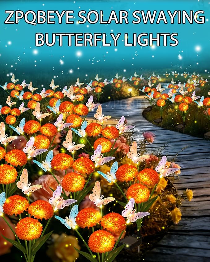 Solar Garden Lights Outdoor Waterproof Decorative 3 Pack Swaying Butterfly Light with 9 Big Flowers Solar Lights for Outside Garden Decor Patio Yard Landscape, Gifts for Women Mother's Day